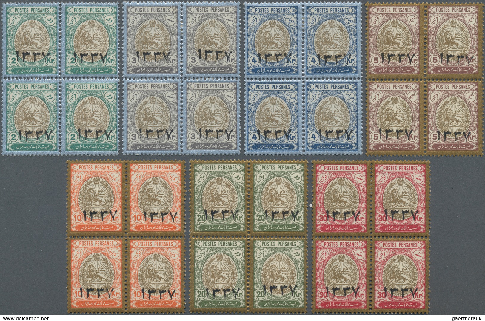 Iran: 1918 Provisionals Optd. "1337" In Arabic, Complete Set Of Seven Each In Block Of Four, Mint Wi - Iran