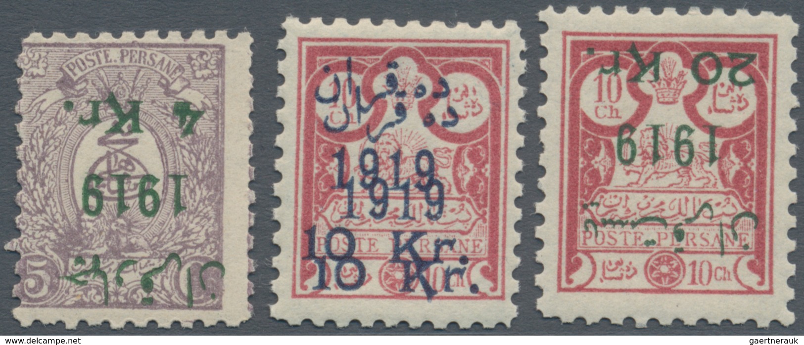 Iran: 1919, Three "1919" Overprinted Values Showing 4 Kr. And 20 Kr. Inverted Overprint, 10 Kr. Doub - Iran