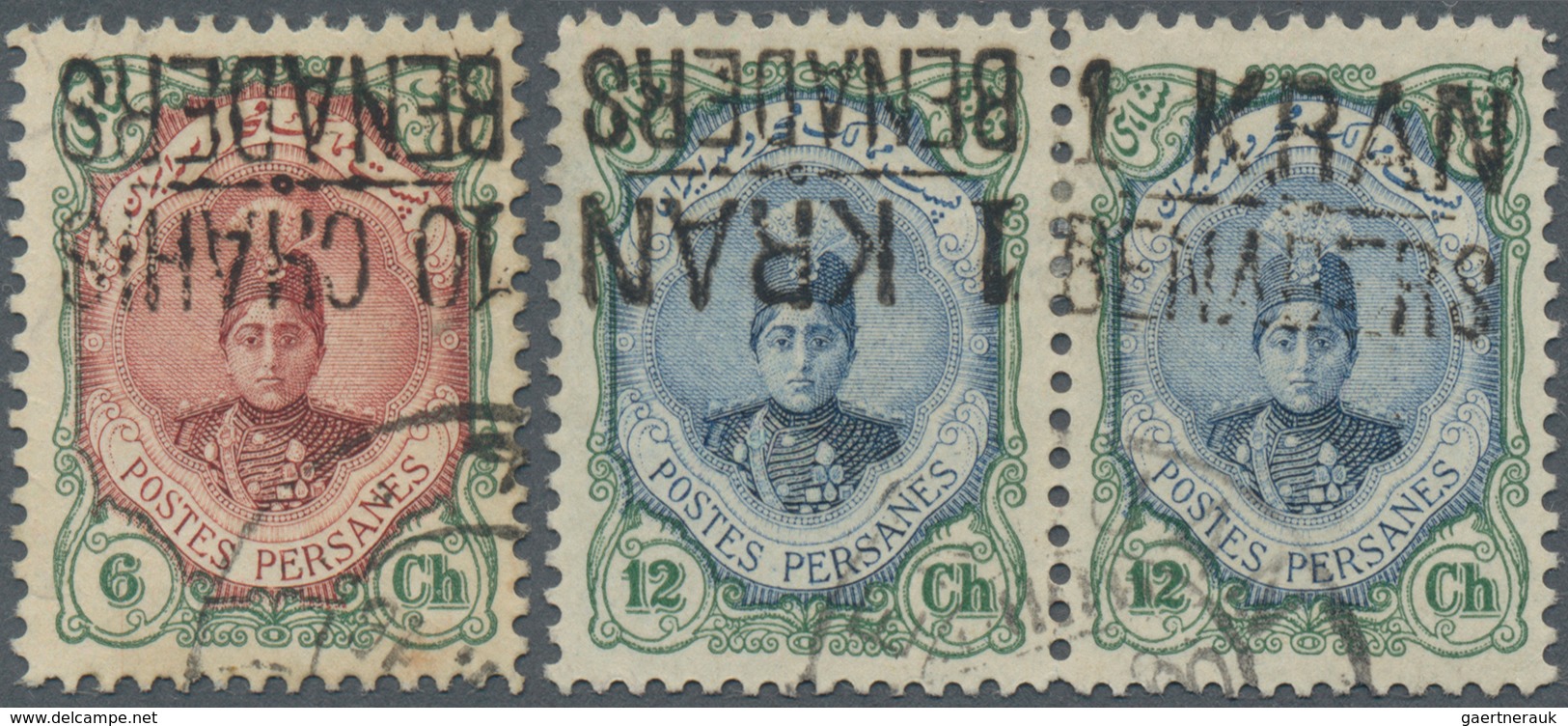 Iran: 1921 Benaders Issue 1k. On 12ch. Horiz. Pair, Left-hand Stamp Showing Variety "OVERPRINT INVER - Iran