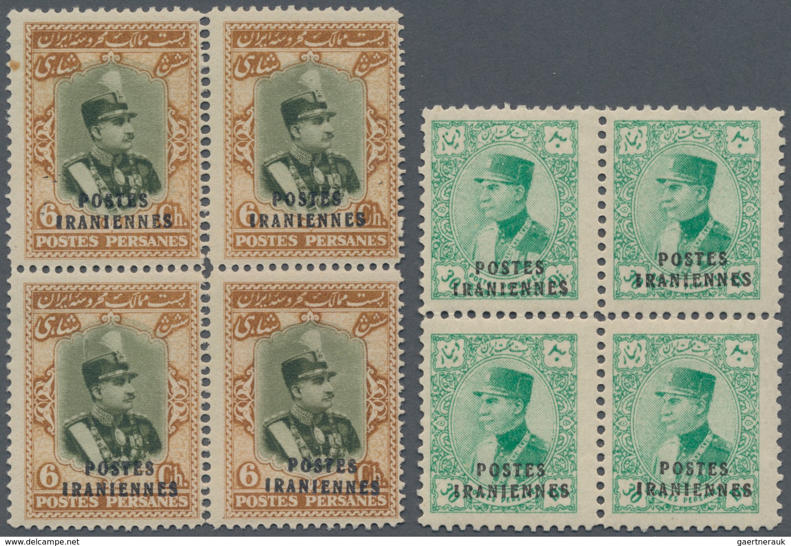 Iran: 1935, "POSTES IRANIENNES" Overprinted Two Blocks Of Four 30 D. Green And 6 Ch. Green & Brown, - Iran