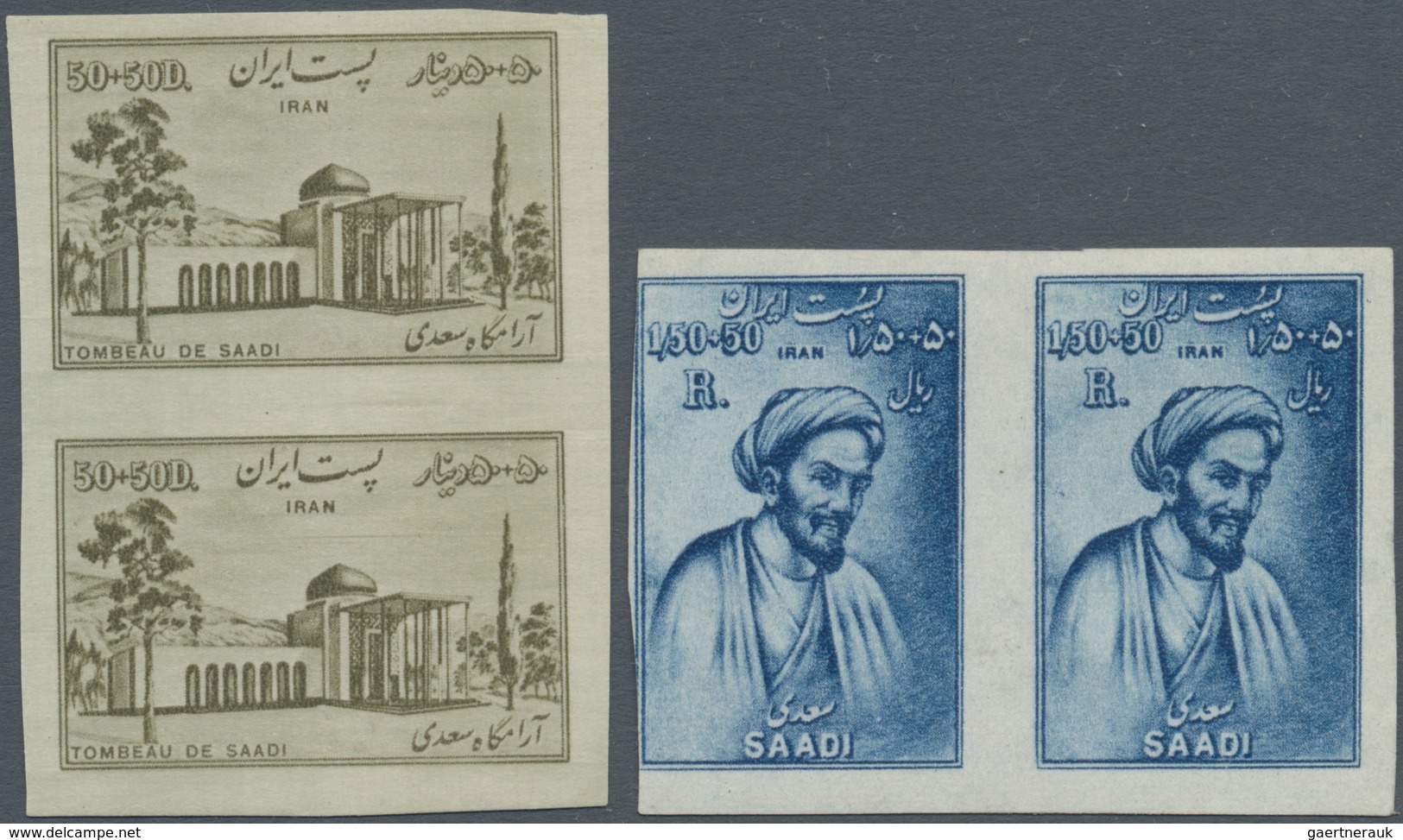 Iran: 1952, Semi-Postals Poet Saadi, Issued Colors Two Imperf Pairs 50+50 D. And 1,50+50 R., Mint Ne - Iran