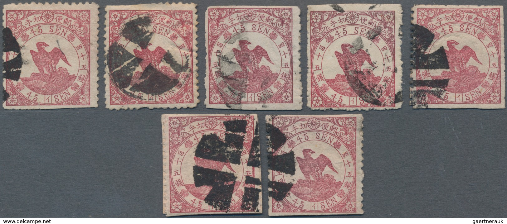 Japan: 1875, Birds 45 Sen Syll. 1 (7), All Used Copies With Scissor Separation Ec, Inc. Rejoinable H - Other & Unclassified