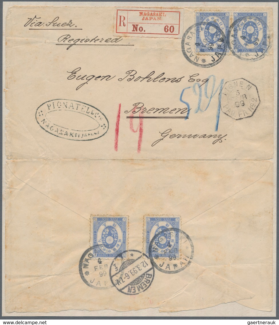 Japan: 1883, UPU Koban 5 Sen (4, Inc. Pair) Tied "NAGASAKI 4 FEB 99" To Both Sides Of Registered Cov - Other & Unclassified