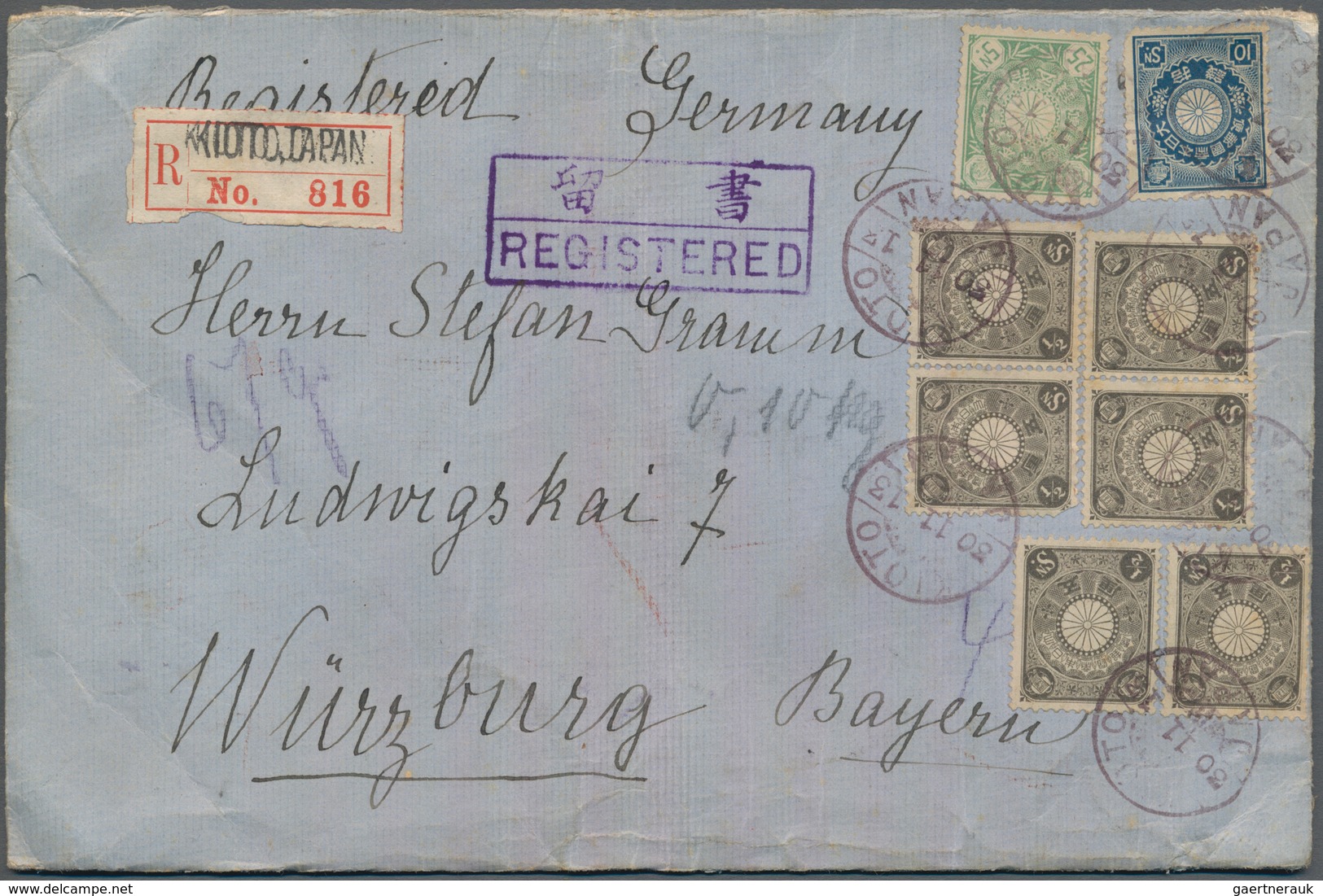 Japan: 1899, Kiku 25 S., 10 S. And 1/2 S. (6) Tied "KIOTO 30.11.13" To Registered Cover To Würzburg/ - Andere & Zonder Classificatie