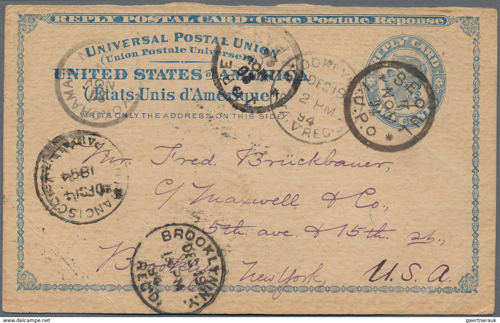 Japanische Post In Korea: 1894, USA, UPU Double Card 1+1 C. Used "BROOKLYN SEP 18 94" To S. C. Vinto - Militärpostmarken