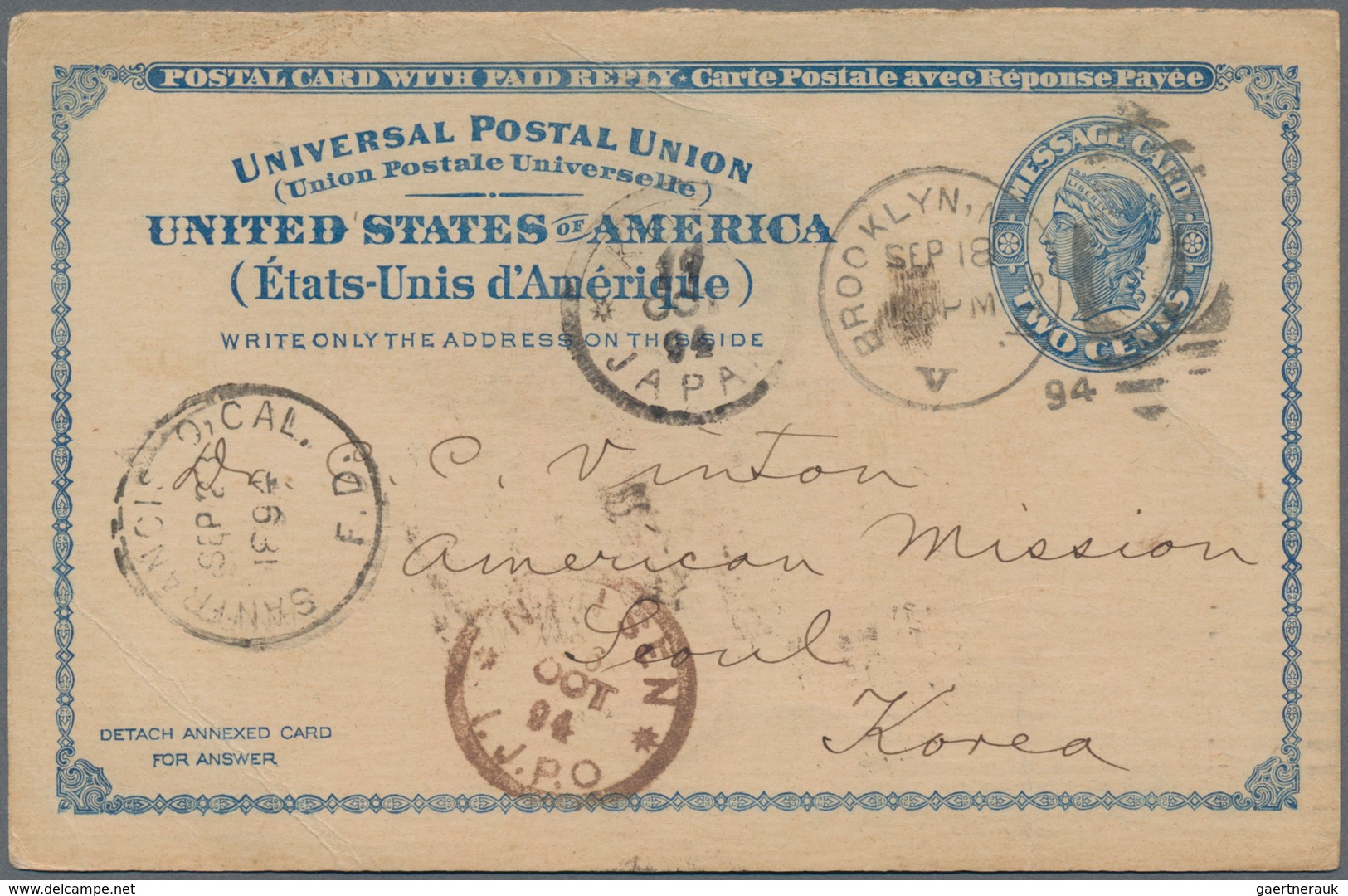 Japanische Post In Korea: 1894, USA, UPU Double Card 1+1 C. Used "BROOKLYN SEP 18 94" To S. C. Vinto - Military Service Stamps