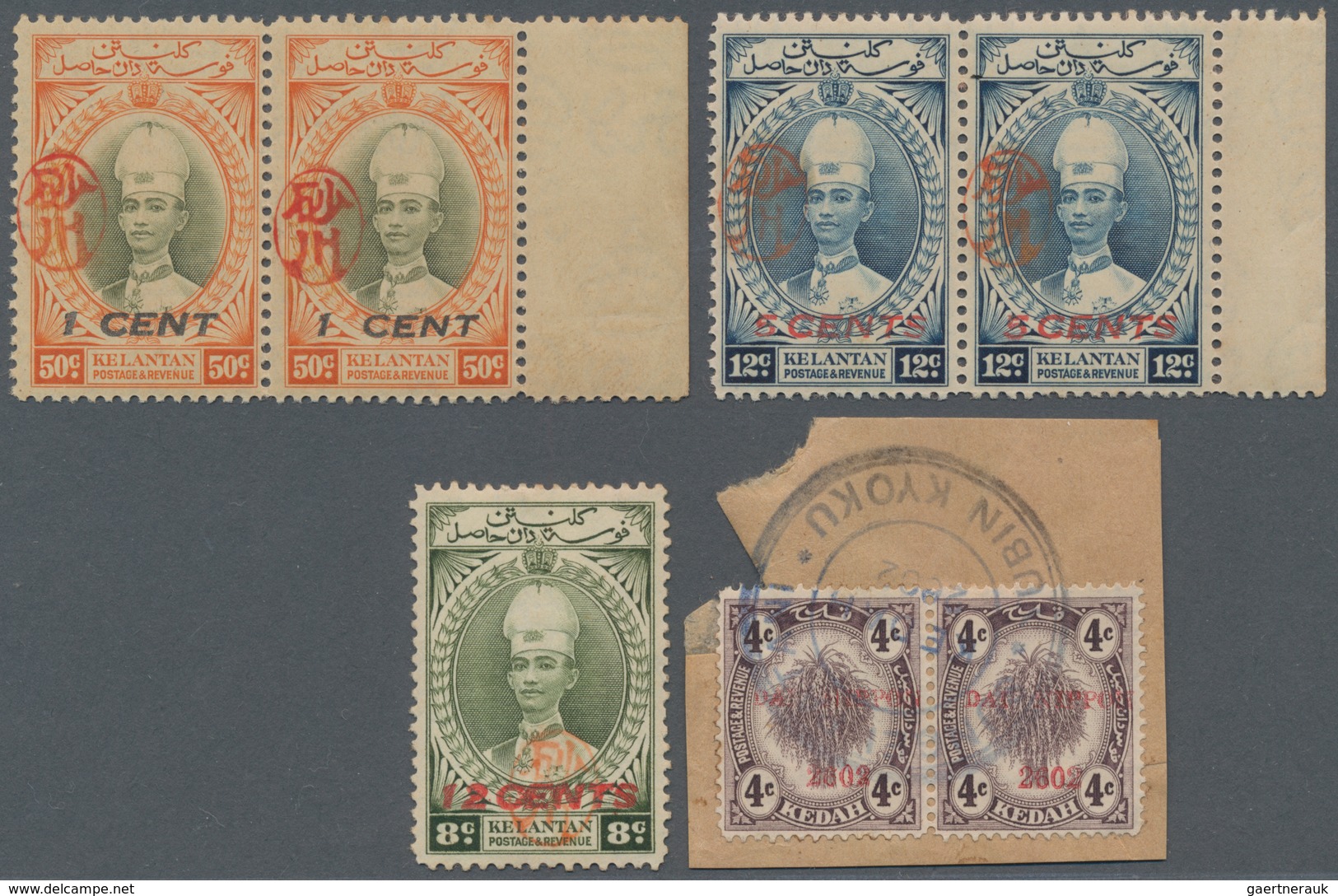 Japanische Besetzung  WK II - Malaya: Kedah, 1942, Sunagawa Seal On 1 C./50 C. (right Margin Pair), - Malaysia (1964-...)