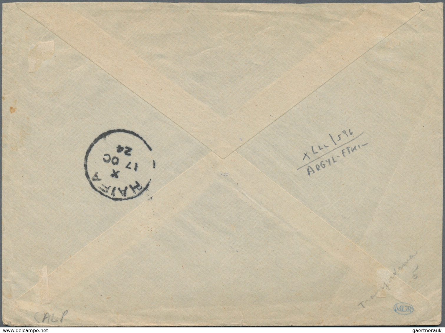 Jordanien: 1924, "AMMAN DISTRICT 16/OCT 1924 MARKAZ AMMAN" Blue Cds. On Envelope Bearing 1 1/2 Pi. V - Jordan