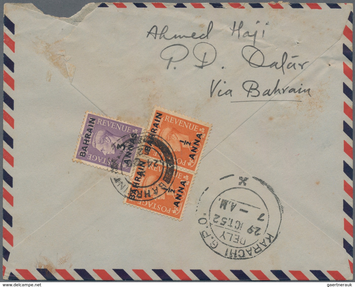 Katar / Qatar: 1952 Airmail Cover From Qatar To Karachi, Pakistan Via Bahrain, Endorsed On Reverse " - Qatar