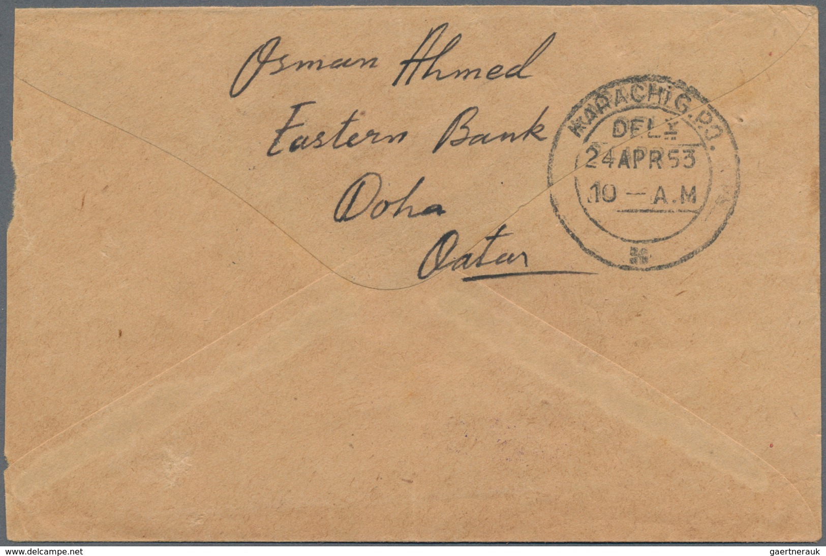 Katar / Qatar: 1953 Airmail Cover From Doha, Qatar To Karachi, Pakistan Via Bahrain, Endorsed On Rev - Qatar