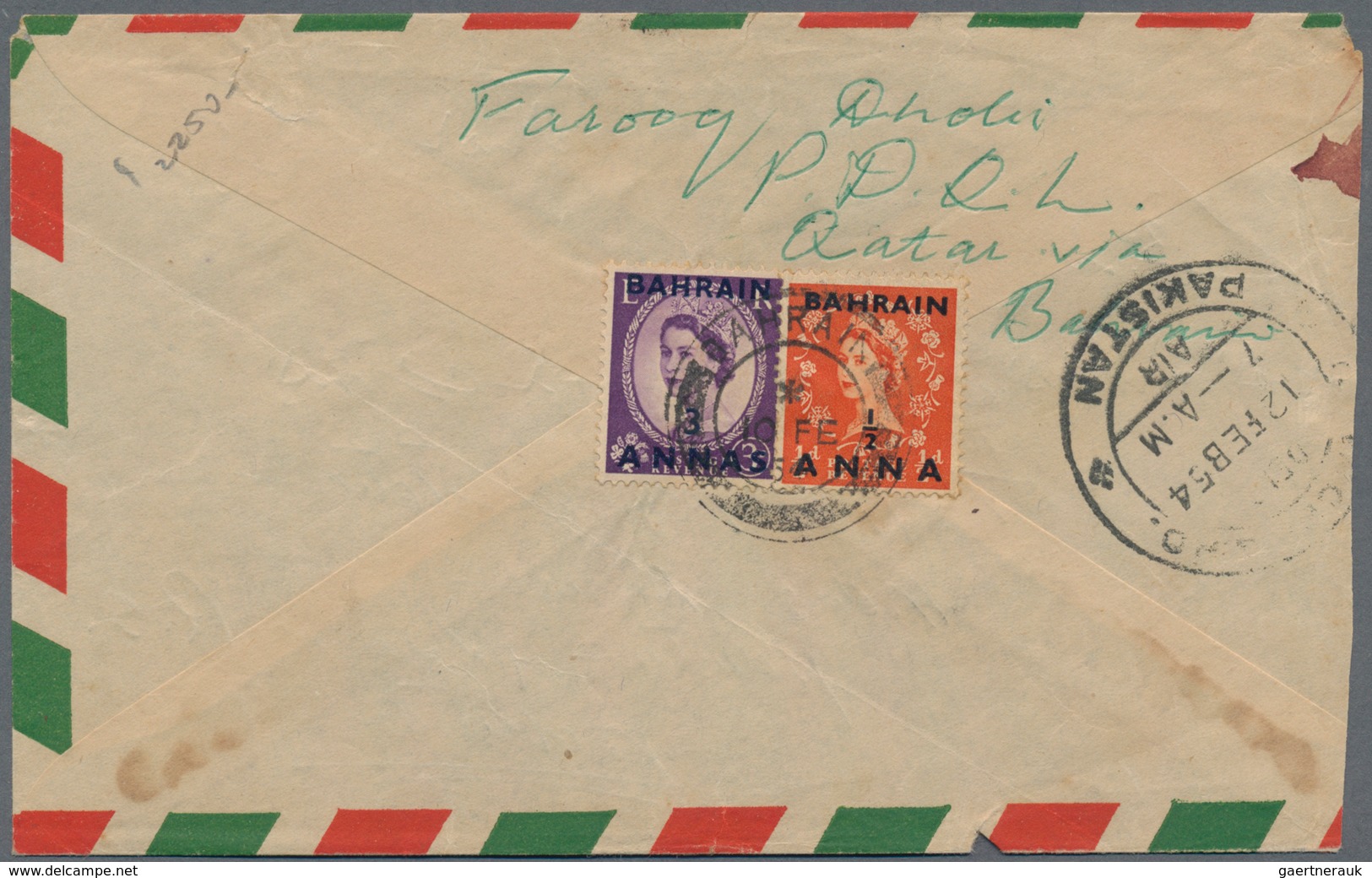 Katar / Qatar: 1954 Airmail Cover From Qatar To Karachi, Pakistan Via Bahrain, Endorsed On Reverse " - Qatar