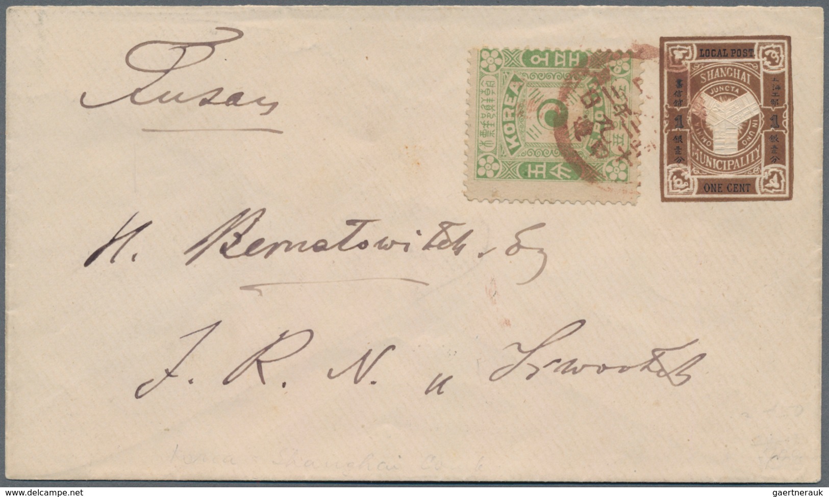 Korea: 1895, 5 P. 1st Printing Tied "Busan Kwangmu 2.2.19" To Shanghai Local Post Envelope 4 C. (for - Korea (...-1945)