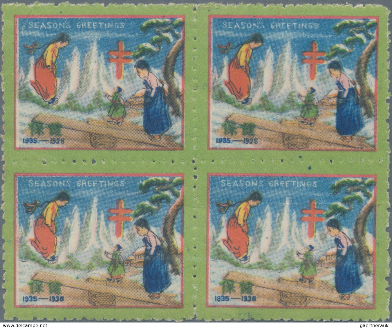 Korea: 1934/40, TBC-seals By Dr. Hall Of Haeju, A Run Of Six Years, 1934 In A Left Margin Pane Of 10 - Korea (...-1945)