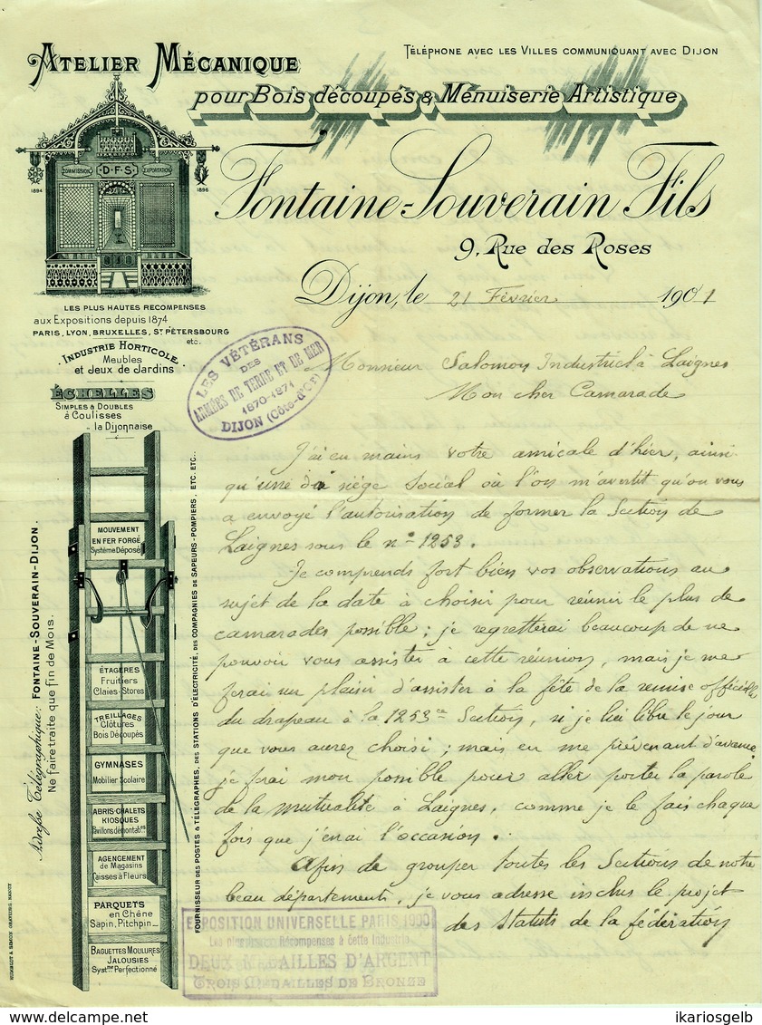 Facture Decorative 1901 Dijon ( Cote D'Or ) " FONTAINE-SOUVERAIN Atelier Pour Bois Decoupes & Menuiserie Artistique " - Transports