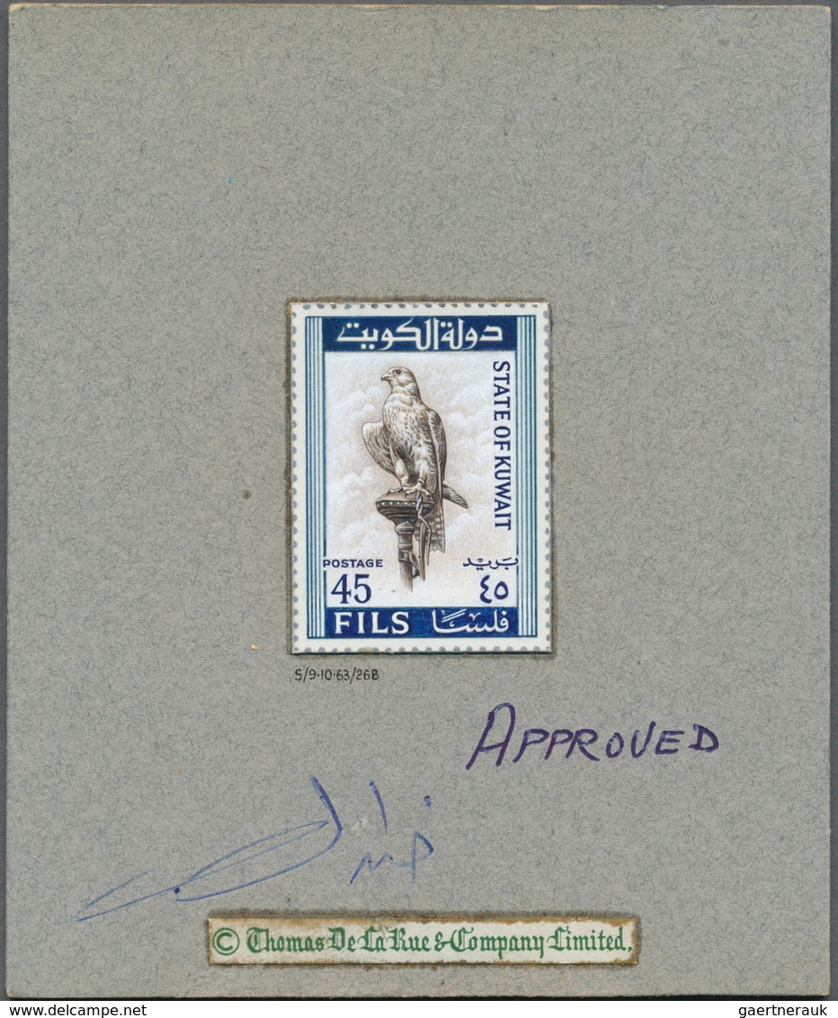Kuwait: 1965. The UNIQUE 45 F Handpainted Essay On De La Rue Archive Card, Showing A "Saker Falcon" - Kuwait