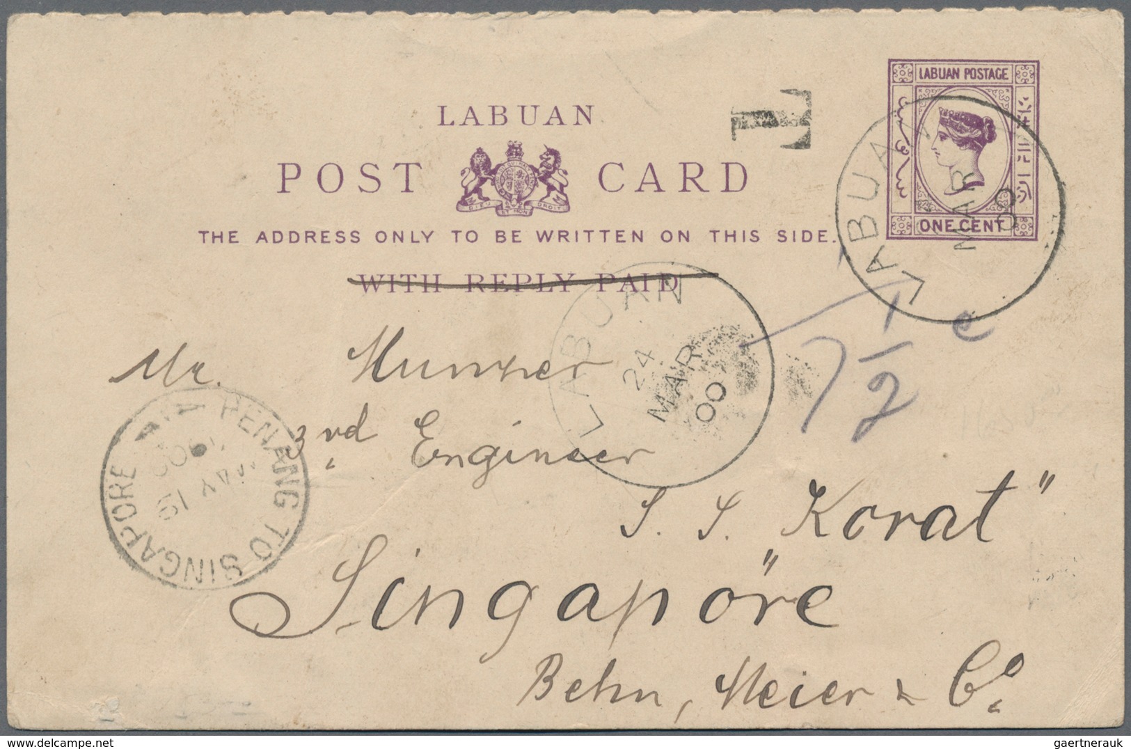 Labuan: 1900, Stationery Card QV 1 C. Violet (question Part, Text Deleted) Canc. "LABUAN 24 MAR 00" - Sonstige & Ohne Zuordnung