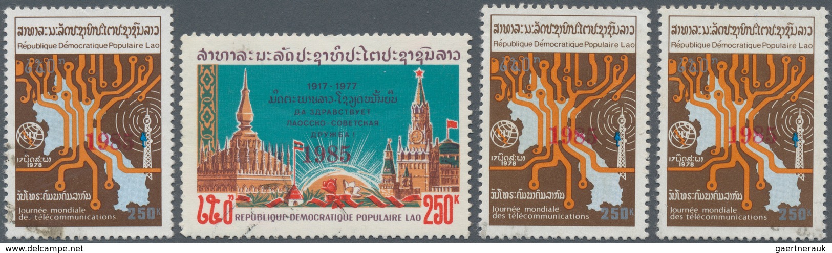 Laos: 1985, October Revolution And 3 X ITU (Scott 292+305), Each 250 K., With Overprints "1985", Wit - Laos