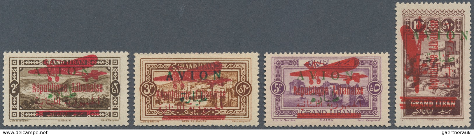 Libanon: 1928, Airmails, Red "Republique Libanaise/Plane" Surcharge On Green "AVION" Overprints, Com - Lebanon