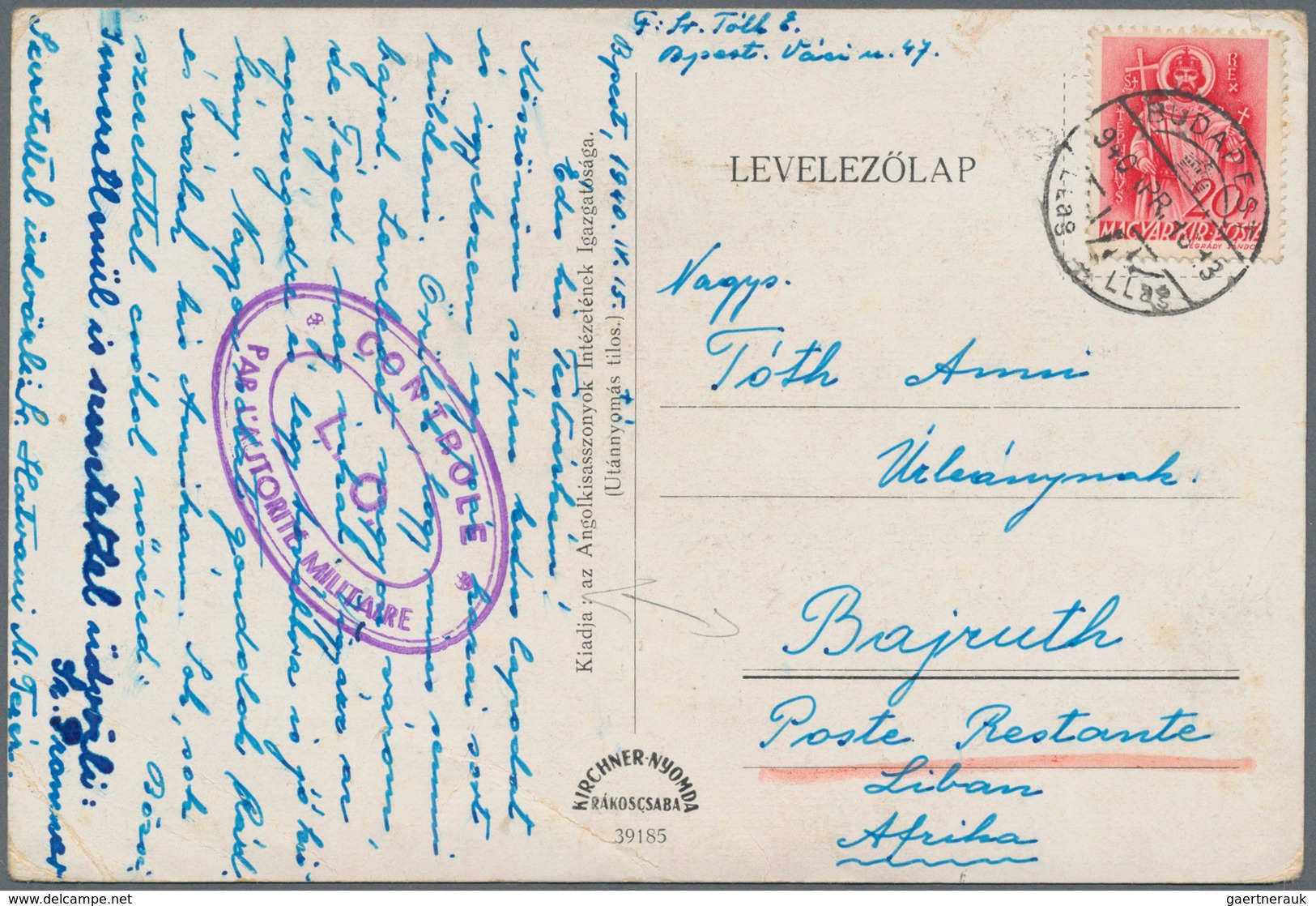 Libanon: 1940, Incoming Picture Postcard "Ven: Dom: MARIA WARD..." From Budapest/Hungary To Bajruth - Lebanon