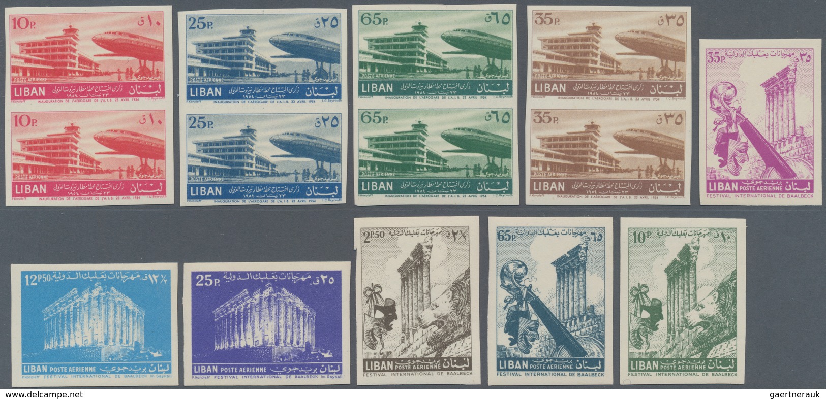 Libanon: 1954/1956, Airport Beirut And Festival Of Baalbek, Two Complete Sets IMPERFORATE, Mint Neve - Libanon
