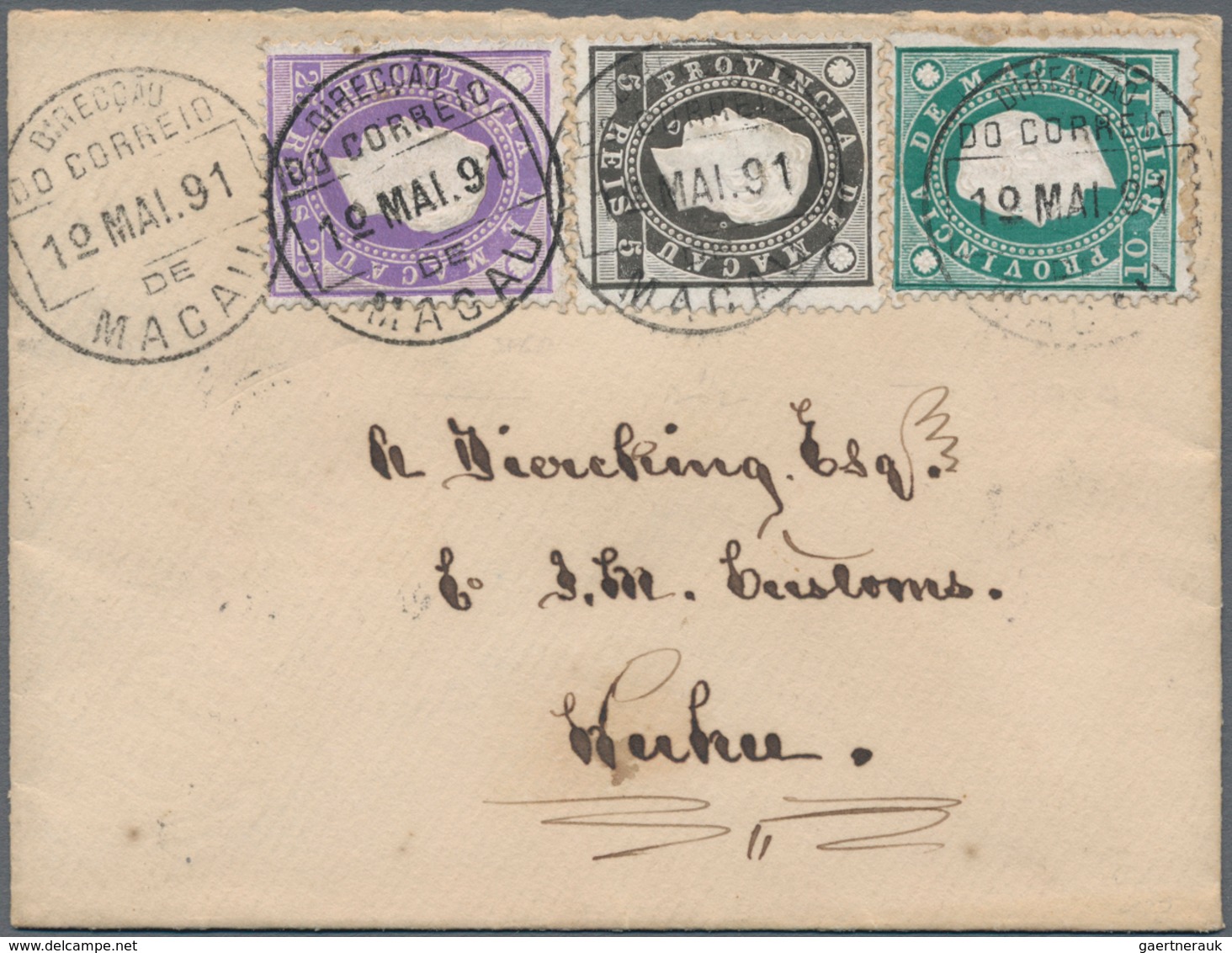 Macau: 1888, King Luis Embossed 5 R., 10 R. And 25 R. Total 40 R. Tied "MACAO 1 MAI 91" To Small Siz - Other & Unclassified