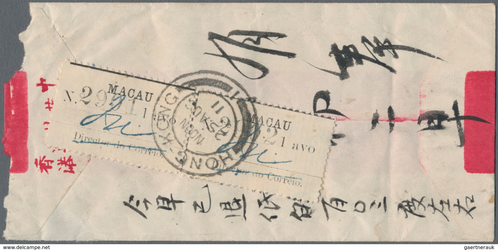 Macau: 1911, Emergency Issue 1 Avo (horiz. Pair) On Reverse Of Red Band Cover W. "MACAO 25 AGO 11" O - Other & Unclassified