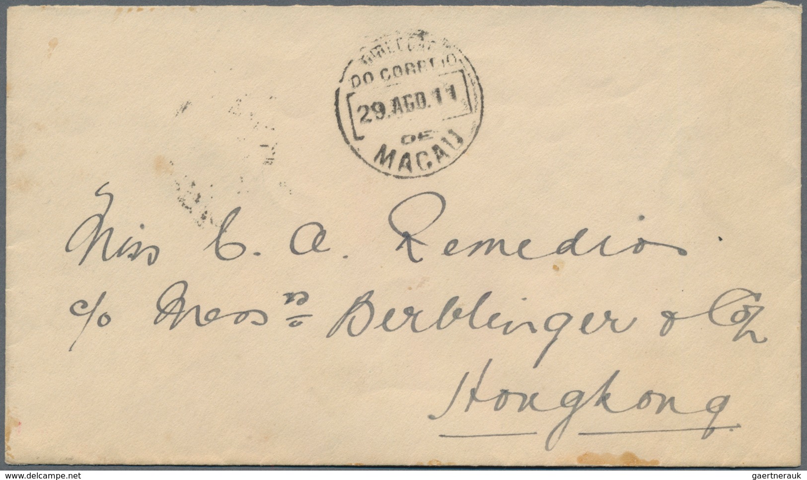 Macau: 1911, Provisional Issue 2 A. On Reverse Of Cover W. On Front "MACAU 29 AGO 11" To Hong Kong W - Other & Unclassified