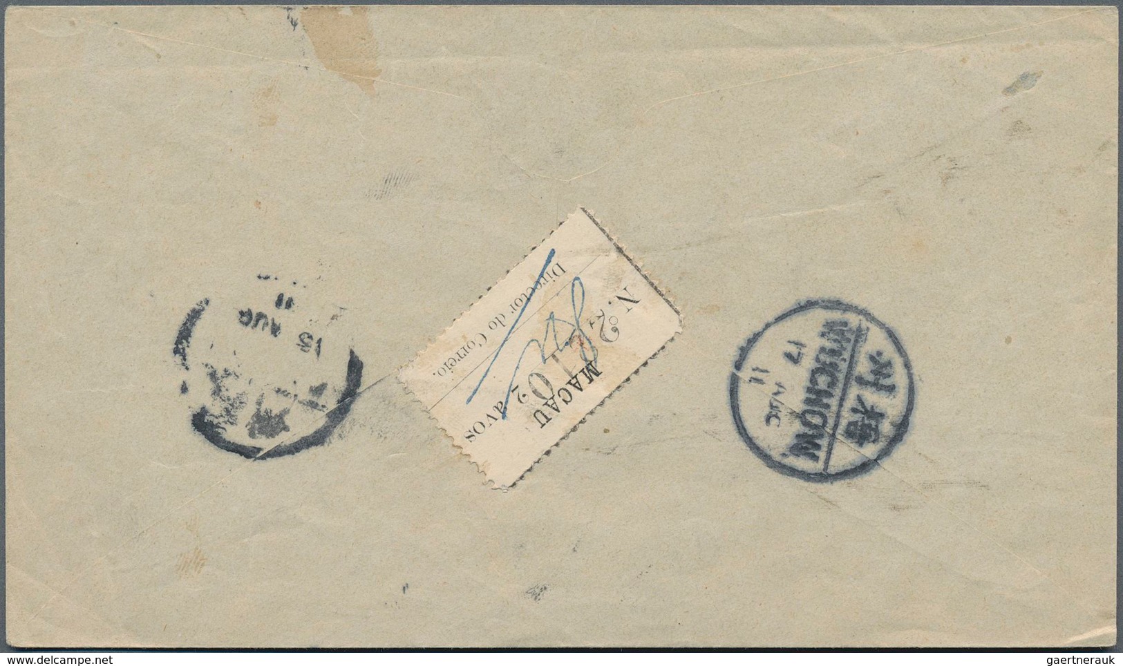 Macau: 1911, 2 Avos Temporary Label On Reverse Of Unsealed Envelope From "MACAU 14 AGO 11" To Staff - Sonstige & Ohne Zuordnung