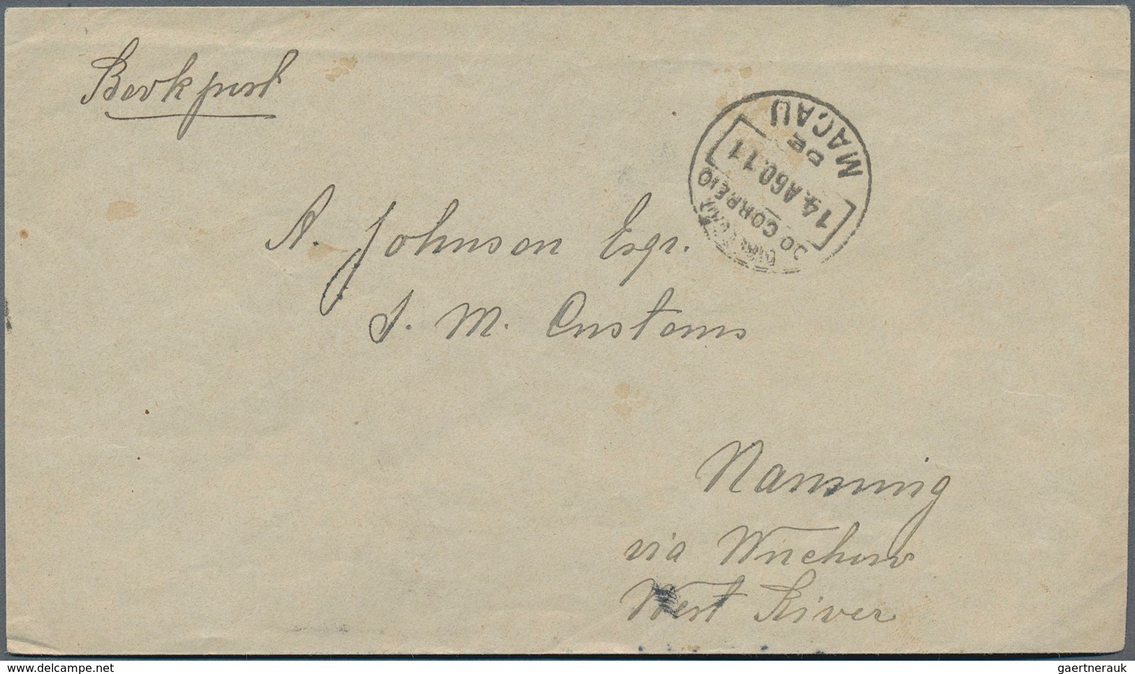 Macau: 1911, 2 Avos Temporary Label On Reverse Of Unsealed Envelope From "MACAU 14 AGO 11" To Staff - Sonstige & Ohne Zuordnung