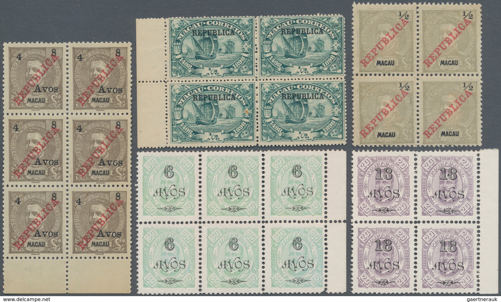 Macau: 1913, "Republica" Overprint, Ten Blocks Of 4, 6 And 8, Unused No Gum As Issued, Inc. 4 A./8A. - Other & Unclassified