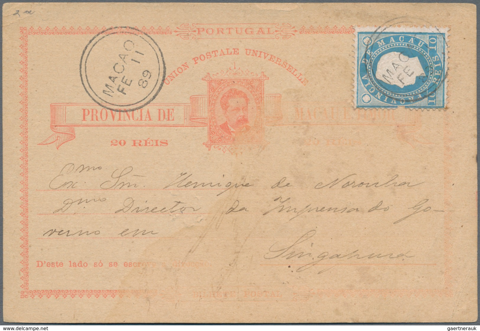 Macau - Ganzsachen: 1889, Stationery Card 20 R Uprated Louis I. 10 R. Green Tied "MACAO FE 11 89" To - Postal Stationery