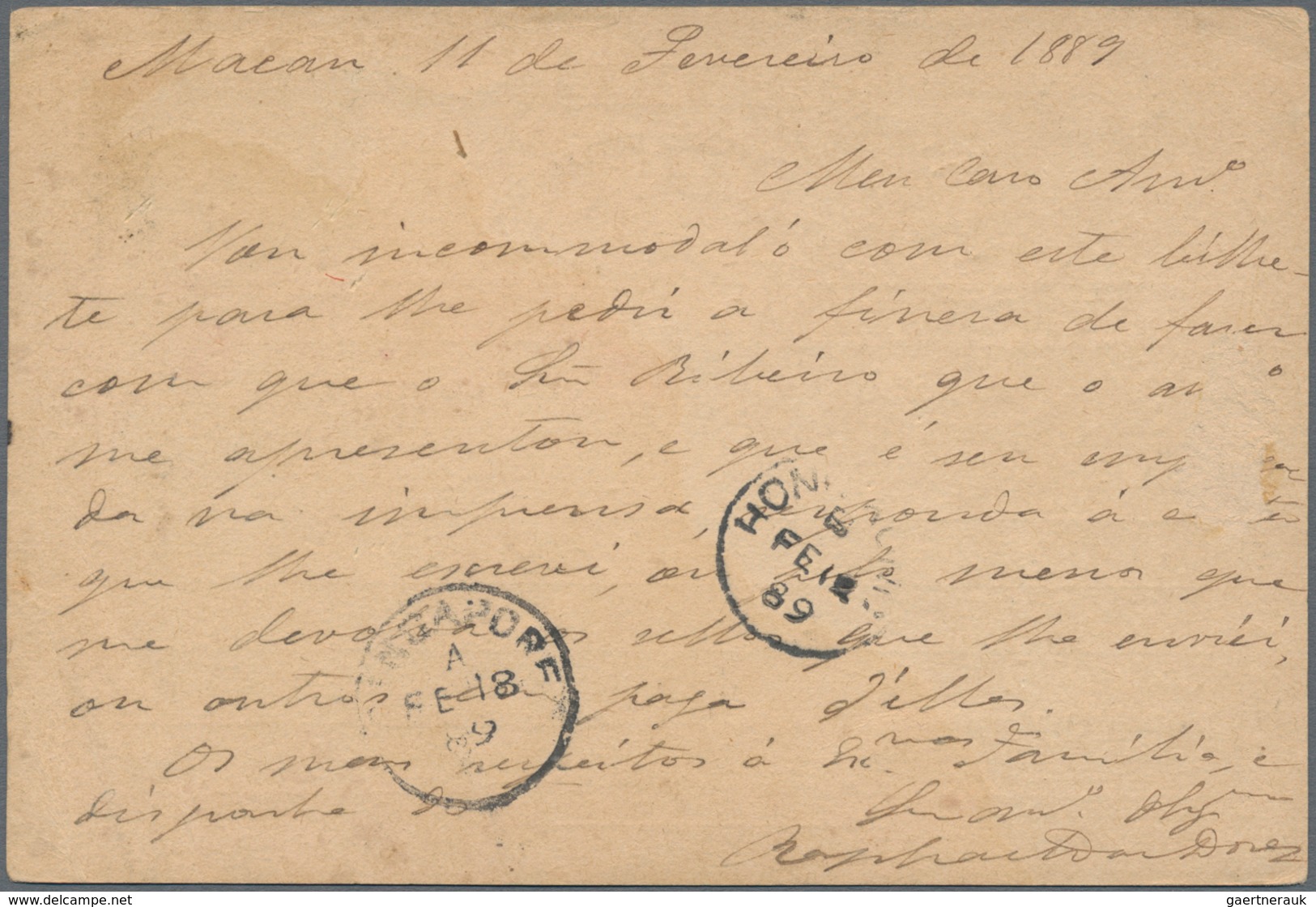Macau - Ganzsachen: 1889, Stationery Card 20 R Uprated Louis I. 10 R. Green Tied "MACAO FE 11 89" To - Ganzsachen