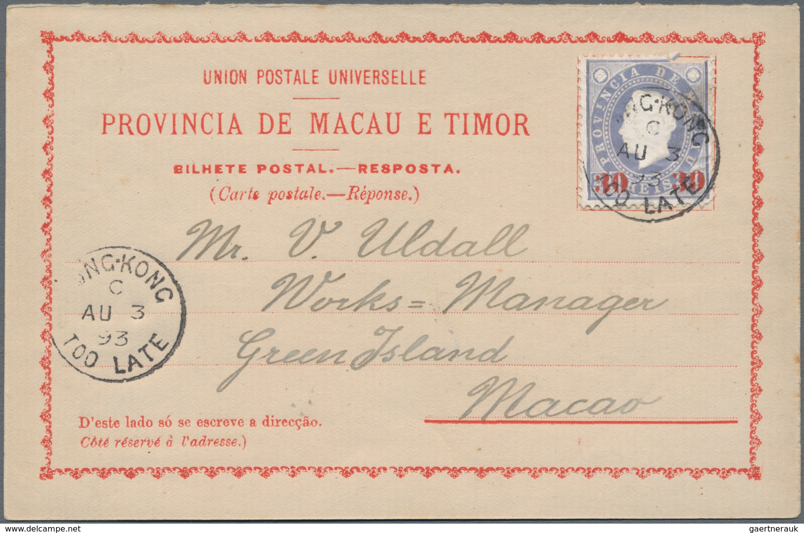 Macau - Ganzsachen: 1893, Reply Part Used: 30 R./20 R. On Red Form "Réponse" (replytied "HONG.KONG C - Ganzsachen