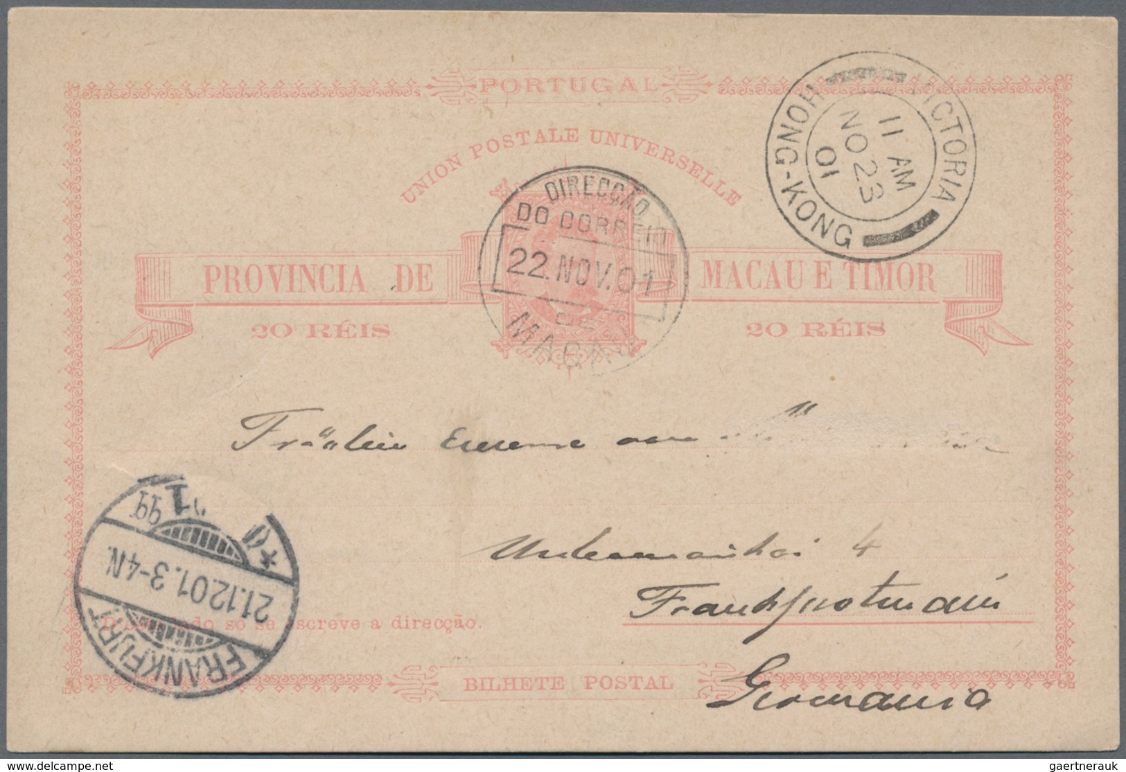 Macau - Ganzsachen: 1901, Card 20 R. Canc. "MACAU 22 NOV 01" Via "VICTORIA HONG KONG 23 NOV 01" To G - Postal Stationery