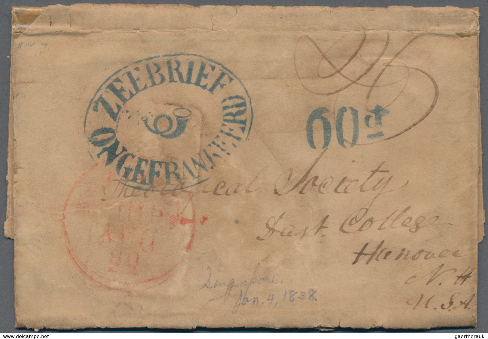 Malaiische Staaten - Straits Settlements: 1838 Entire Letter From Singapore To Hannover N.H., U.S.A. - Straits Settlements