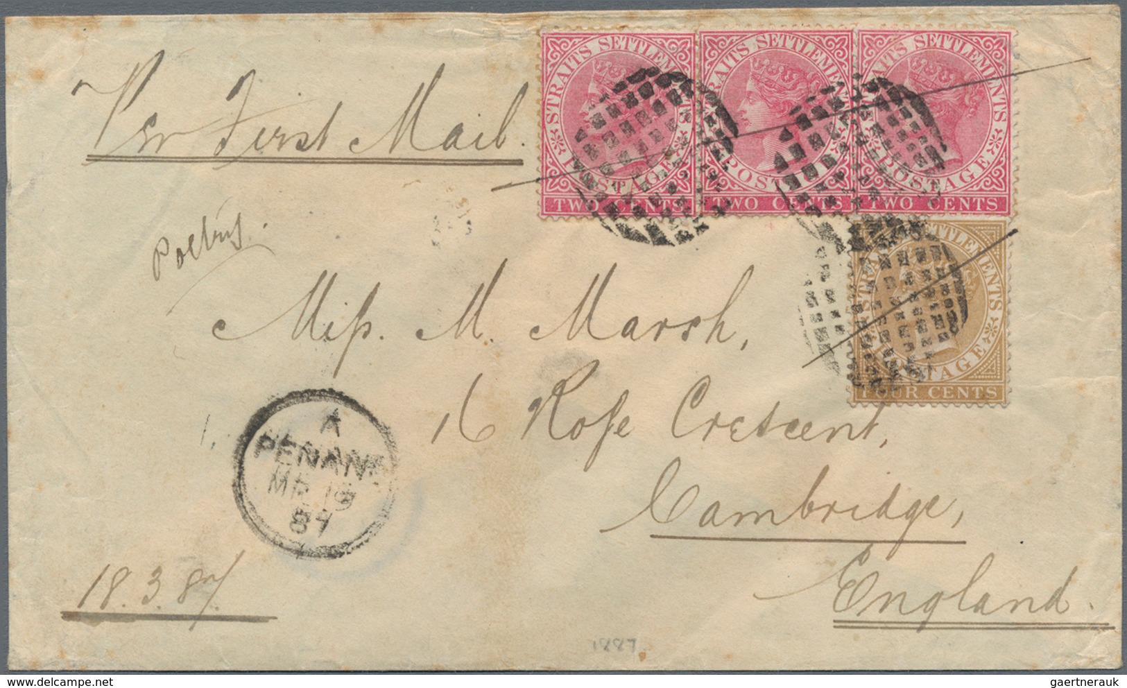 Malaiische Staaten - Straits Settlements: 1887, Cover From Penang To Cambridge 'Per First Mail' Fran - Straits Settlements