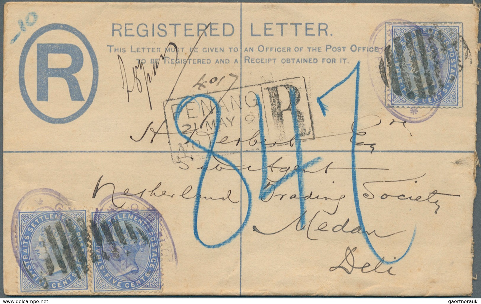 Malaiische Staaten - Straits Settlements: 1891, 5 C Blue QV Registered Stationery Envelope, Uprated - Straits Settlements