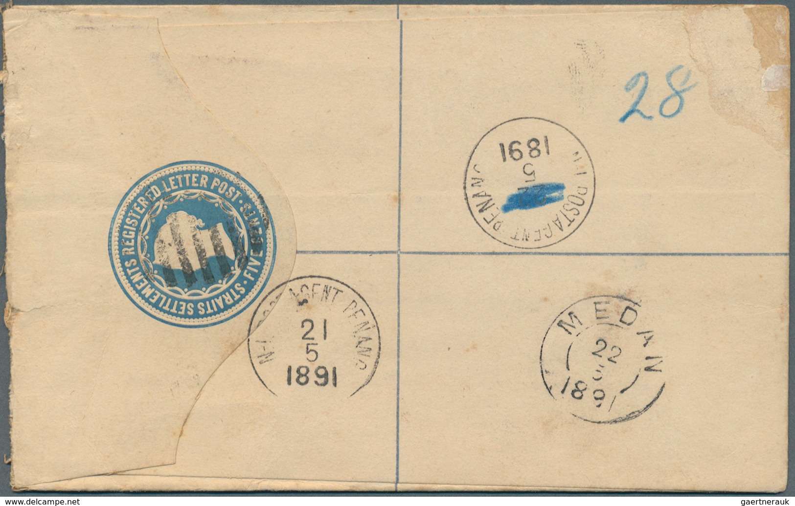 Malaiische Staaten - Straits Settlements: 1891, 5 C Blue QV Registered Stationery Envelope, Uprated - Straits Settlements