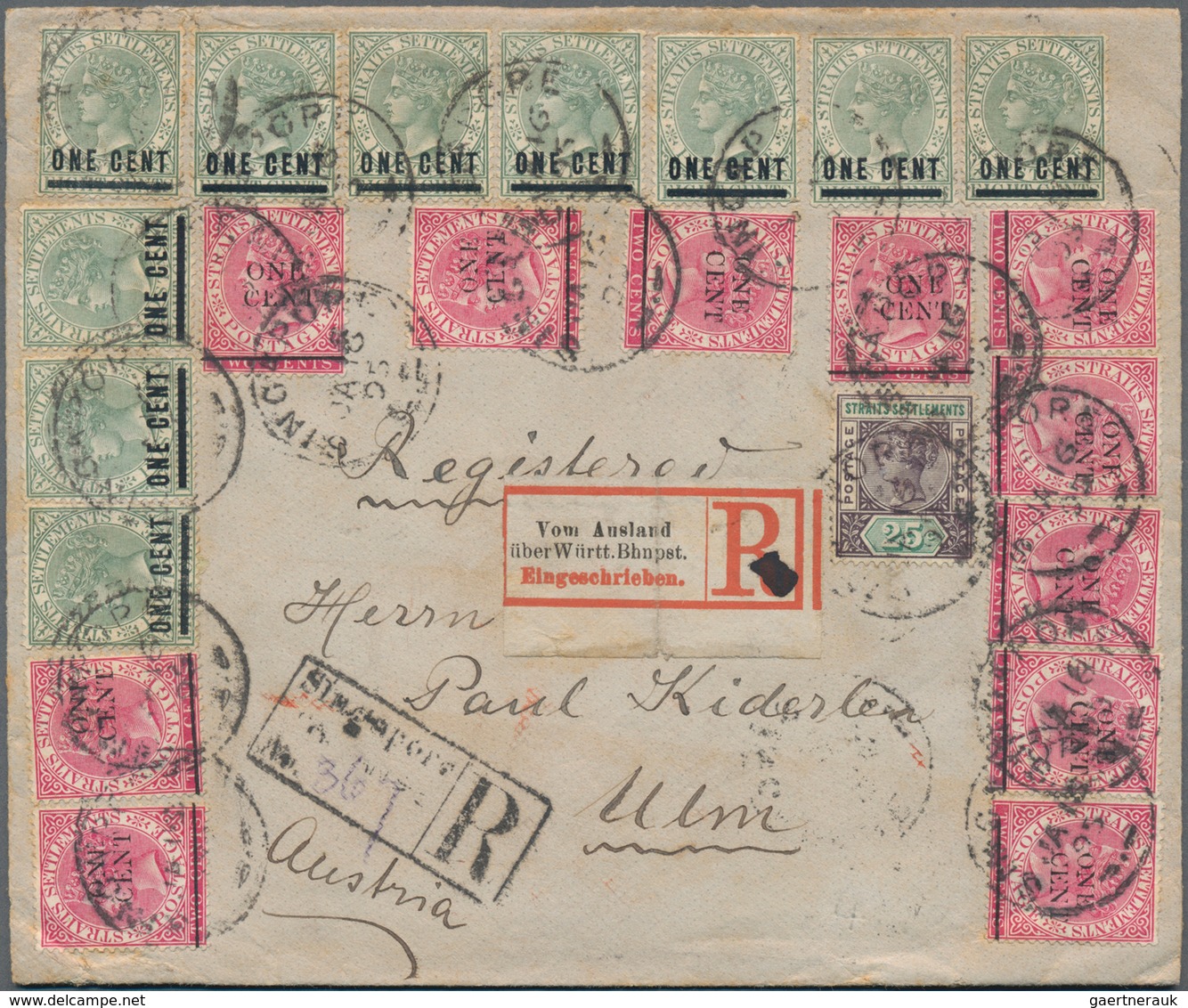 Malaiische Staaten - Straits Settlements: 1895 Registered Cover From Singapore To Ulm, Germany Frank - Straits Settlements