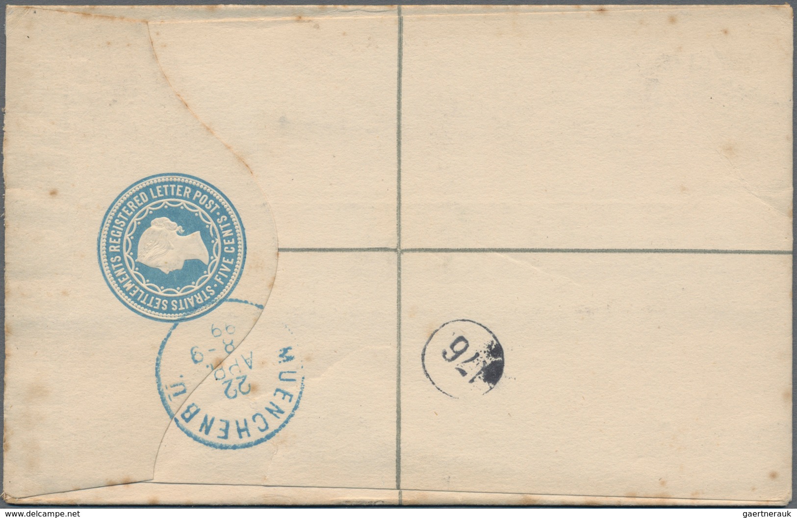 Malaiische Staaten - Straits Settlements: 1899, Registration Envelope 5 C. Uprated QV 1 C., 8 C. Blu - Straits Settlements