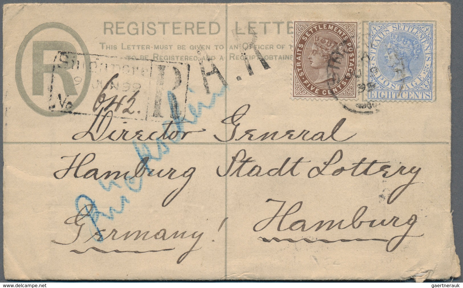 Malaiische Staaten - Straits Settlements: 1899 Postal Stationery Registered Envelope QV 5c. Blue Use - Straits Settlements