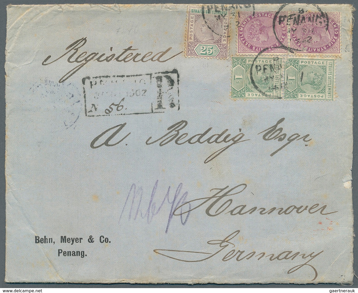 Malaiische Staaten - Straits Settlements: 1902 (31.5.), Registered Cover At 37c Rate (QV 25c And Ver - Straits Settlements