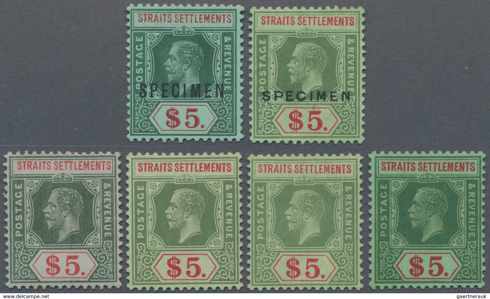 Malaiische Staaten - Straits Settlements: 1912-33 KGV. $5, Six Mint Stamps Watermarked Mult Crown CA - Straits Settlements
