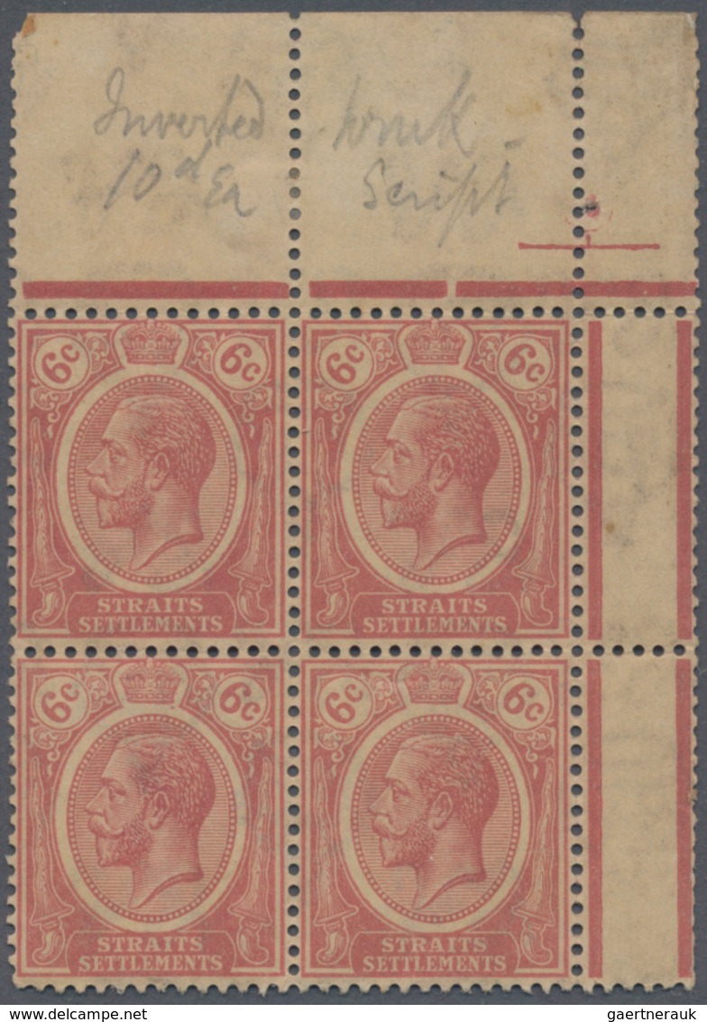 Malaiische Staaten - Straits Settlements: 1921-33 KGV. 6c. Dull Claret, Top Right Corner Block Of Fo - Straits Settlements