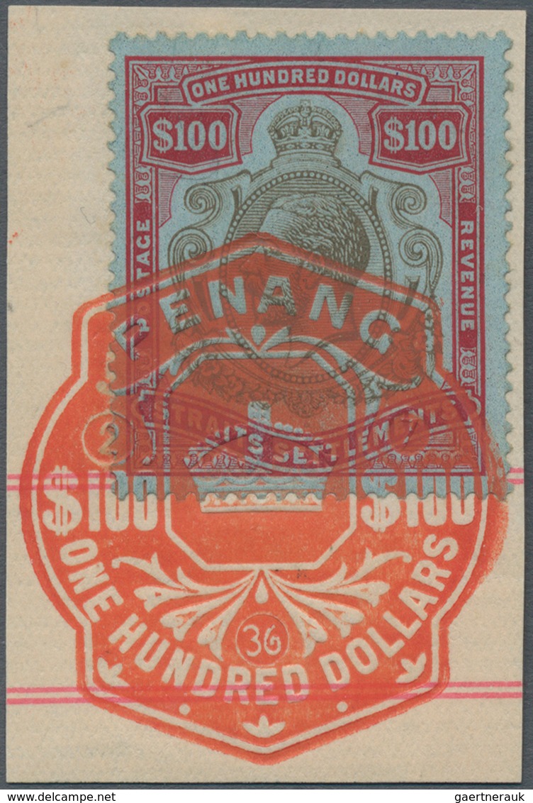 Malaiische Staaten - Straits Settlements: 1921-33 KGV. $100, Used Fiscally On Small Piece And Tied B - Straits Settlements