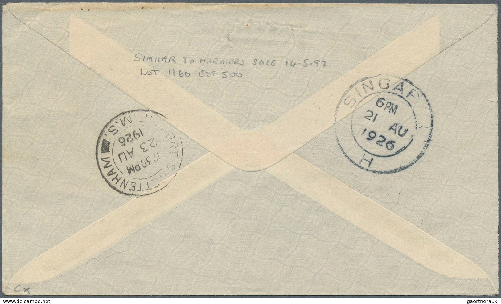 Malaiische Staaten - Straits Settlements: 1926 Early Singapore-Port Swettenham Airmail Cover Franked - Straits Settlements