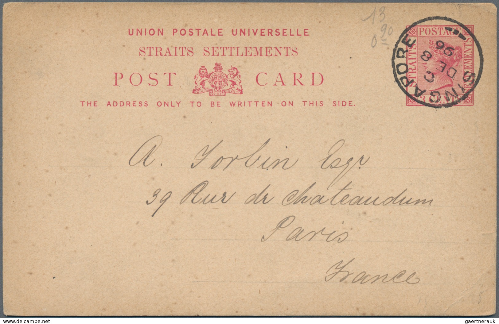 Malaiische Staaten - Johor: 1896 Straits S. Postal Stationery Card 3c. Carmine Written Johore '8th D - Johore