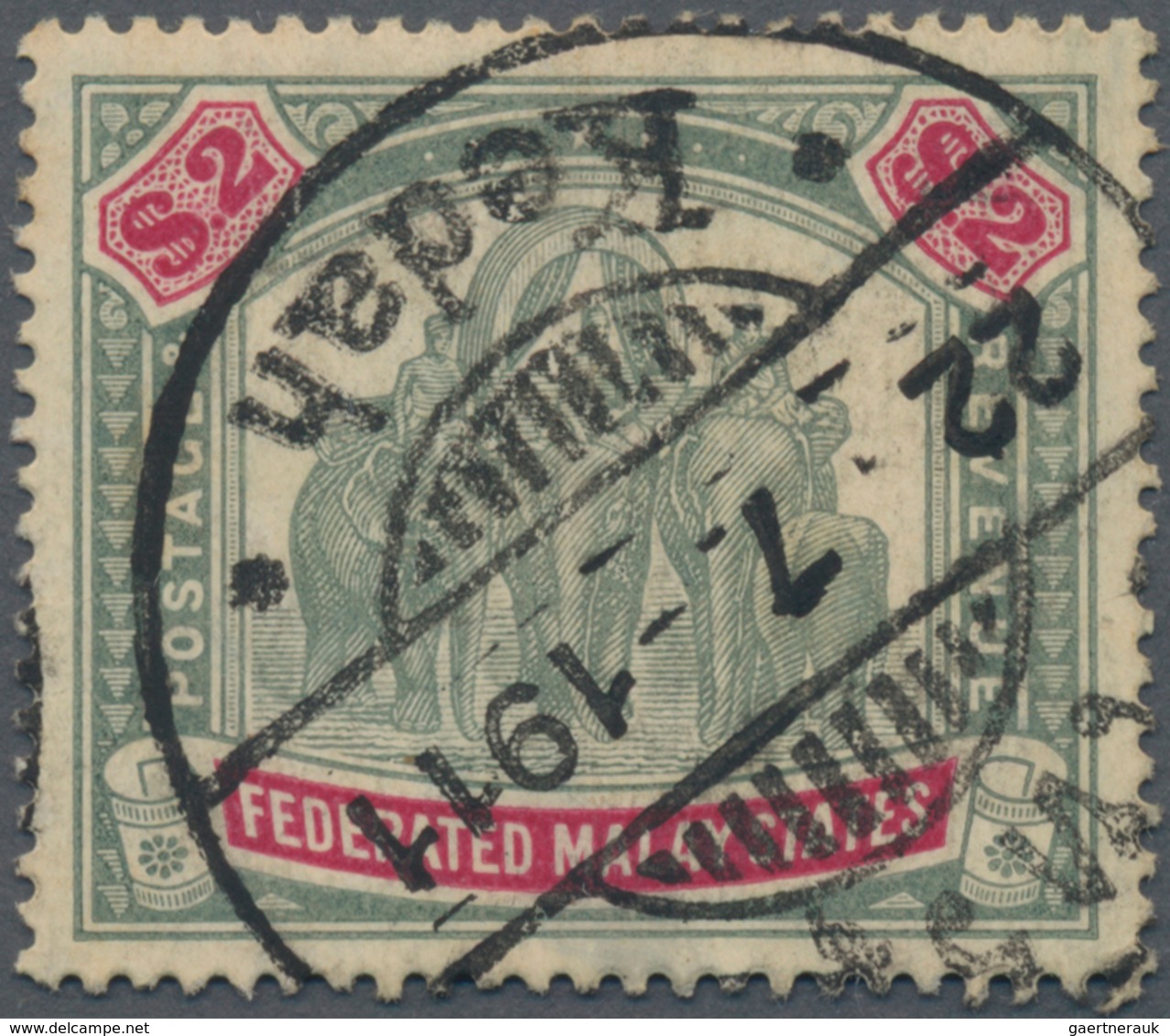 Malaiische Staaten - Kedah: 1909-12 Fed. Malay States $2 Green & Carmine Used In Kedah And Cancelled - Kedah