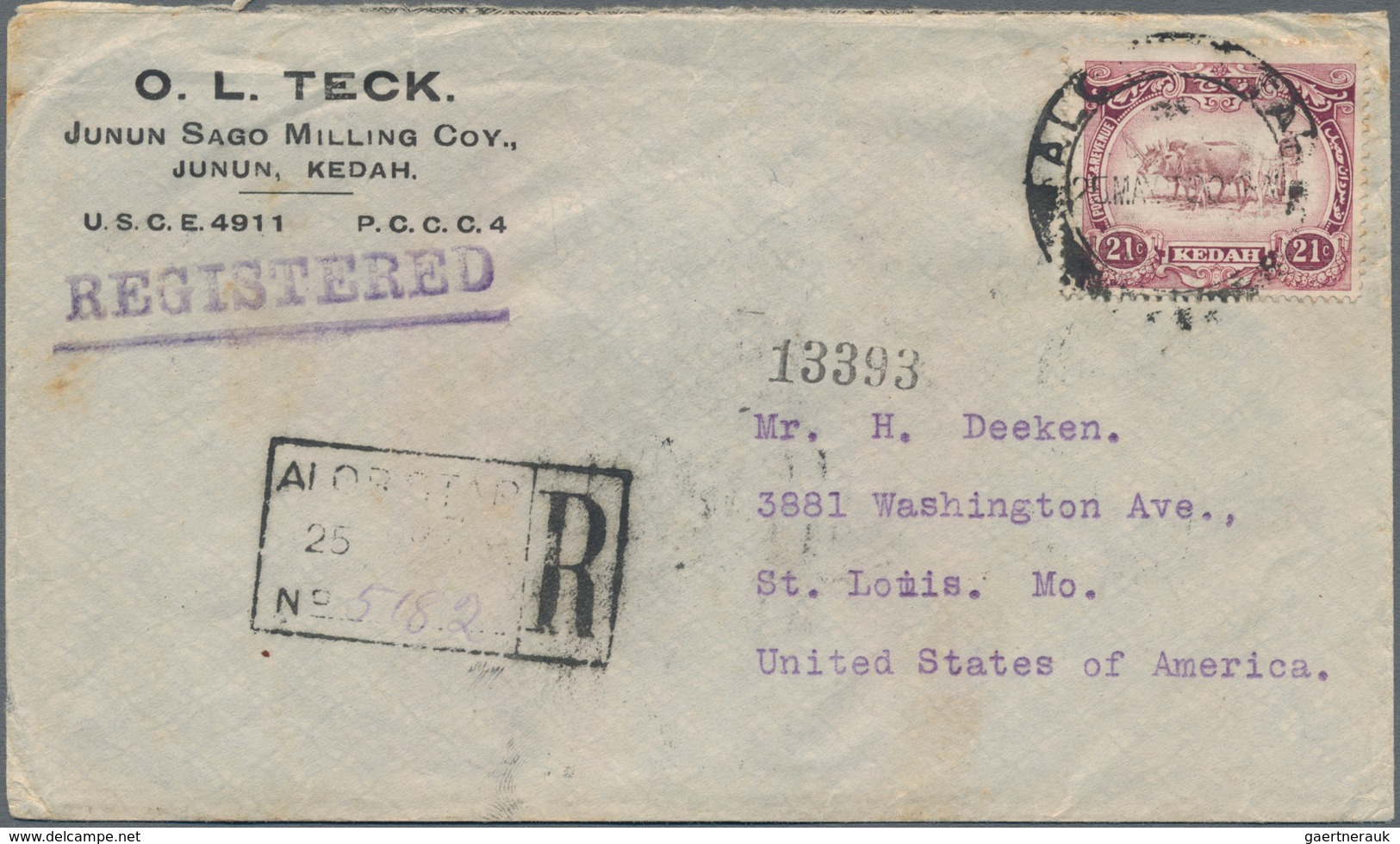 Malaiische Staaten - Kedah: 1920 Registered Cover From Alor Star To St. Louis, MO., U.S.A. Via Penan - Kedah