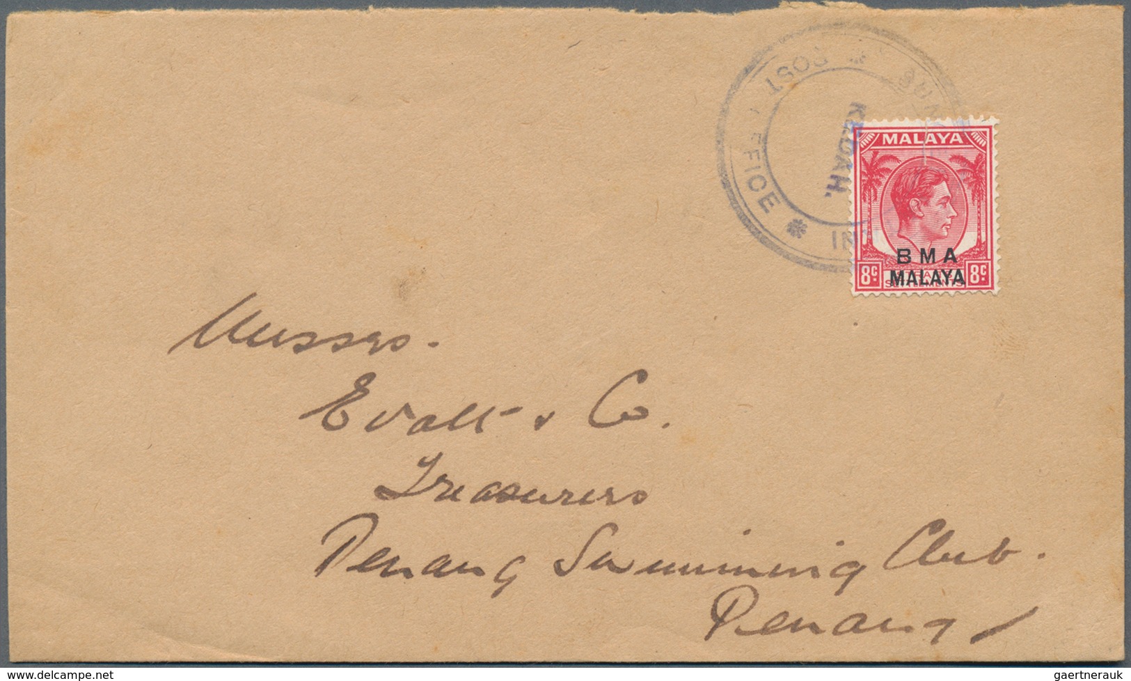 Malaiische Staaten - Kedah: 1946 Cover From Sungei Patani To Penang Franked By BMA KGVI. 8c. Scarlet - Kedah